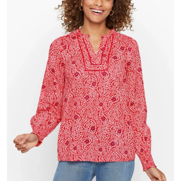 NWOT Talbots Smocked Shoulder Top Red Flowing Branches Long Sleeve XS - Picture 1 of 16